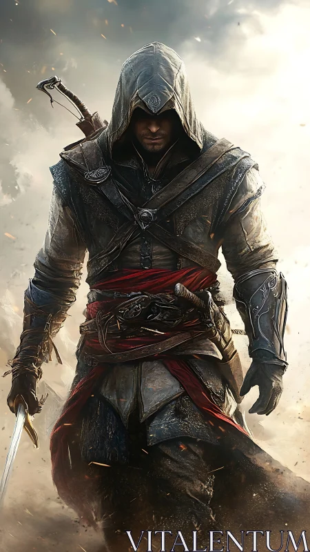 Hooded warrior strides through burning battlefield in armor