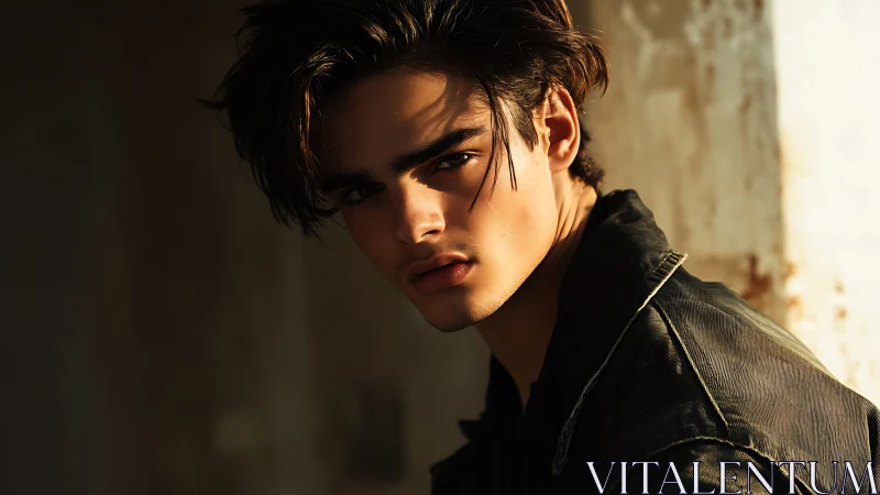 Shadow-kissed gaze in rust-lit doorway of quiet mystery.