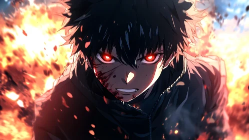 Vengeful anime boy with glowing red eyes walks through fire