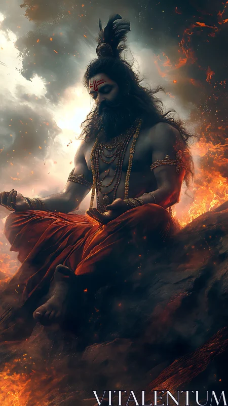 Mythic ascetic meditates amid volumetric fire and storm clouds