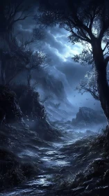 Moonlit ravine path rendered in high-contrast digital fantasy