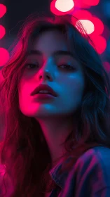 Neon portrait captures glossy skin under cyan magenta glow