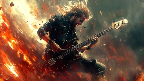 Rock guitarist unleashes fiery solo amid explosive sparks.