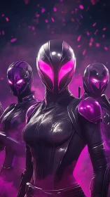 Neon cyber warriors in violet tactical armor formation.
