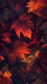 Glowing autumn maple leaves drift in deep twilight.