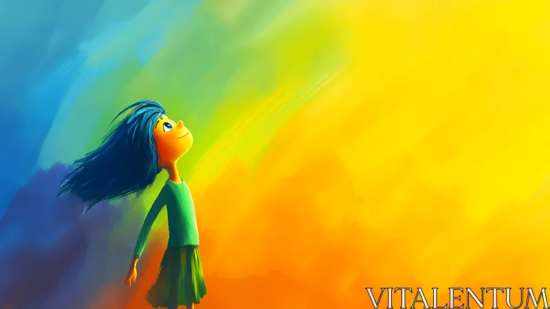 Joyful child gazes into radiant abstract color field.