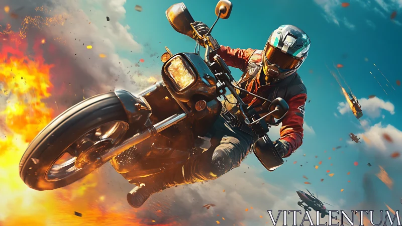 High-speed motorcycle jump amid aerial combat fireball