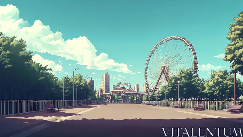 Ferris wheel overlooks a serene, sunlit urban parkway