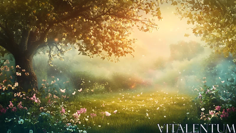 Sunlit meadow doorway into a softly glowing secret garden.