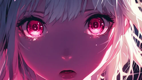 Neon eyed anime girl bathed in dramatic magenta light.