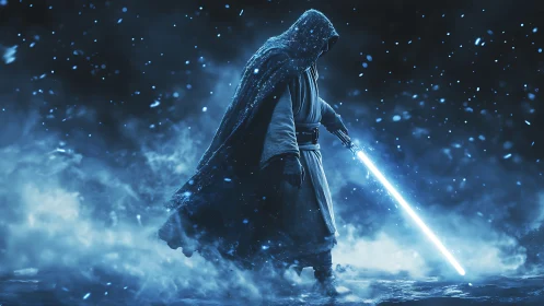 Hooded warrior ignites glowing blade in a frozen blue storm