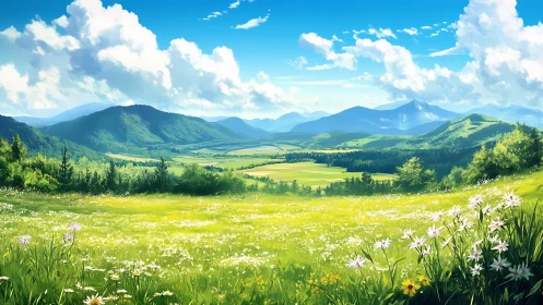 Sunlit alpine meadow opens toward layered blue mountain ranges