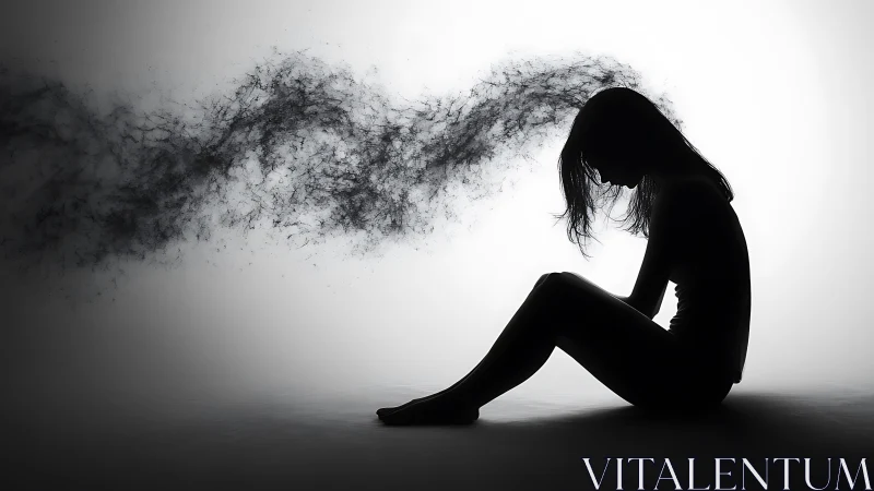 Silhouetted woman exudes swirling dark thoughts into void.