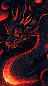 Fiery red dragon coils in dark swirling abstract space.