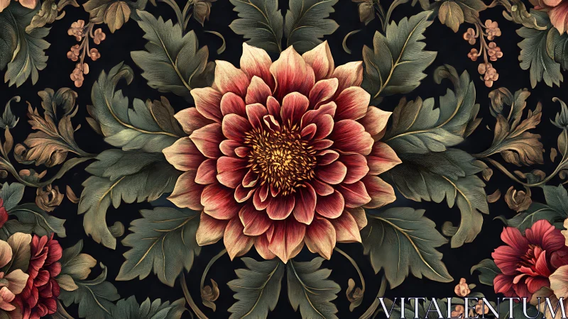 Crimson Dahlia Floral Pattern on Black Background