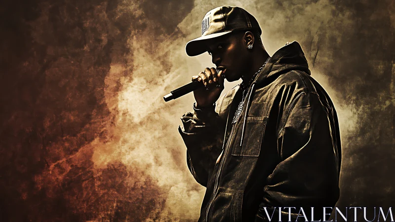 Moody hip hop vocalist holds microphone in dramatic light