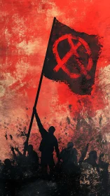 Silhouetted protest crowd with distressed red anarchist flag