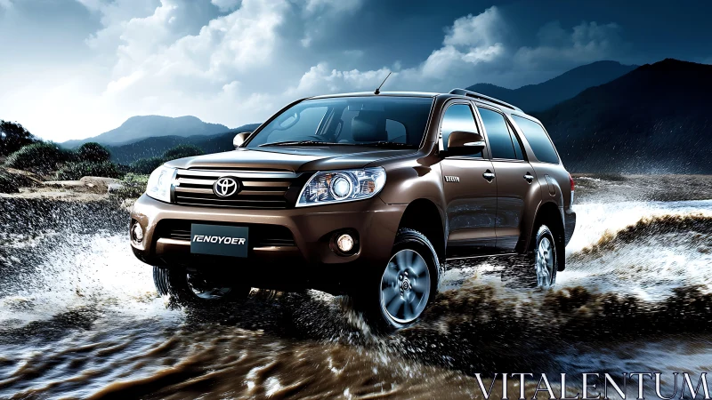 Storm-chasing bronze SUV carving rivers under thunderclouds.