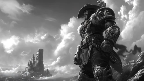 Armored fantasy ranger overlooking rocky coastal spires.