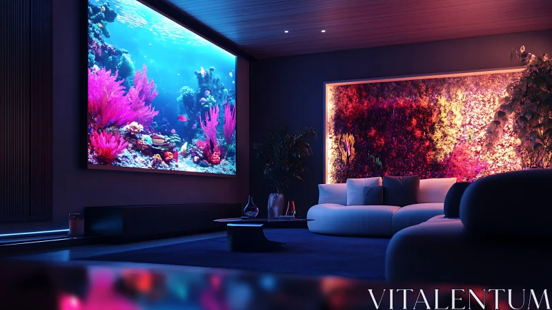 Immersive living room glows with vibrant digital aquariums