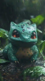 Bulbasaur style creature sits on wet forest floor in rain