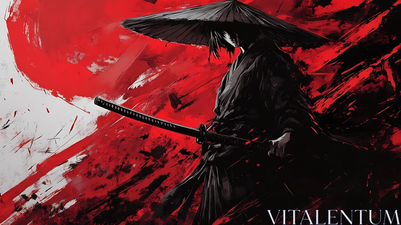 Lone ronin silhouette framed by abstract red ink storm.