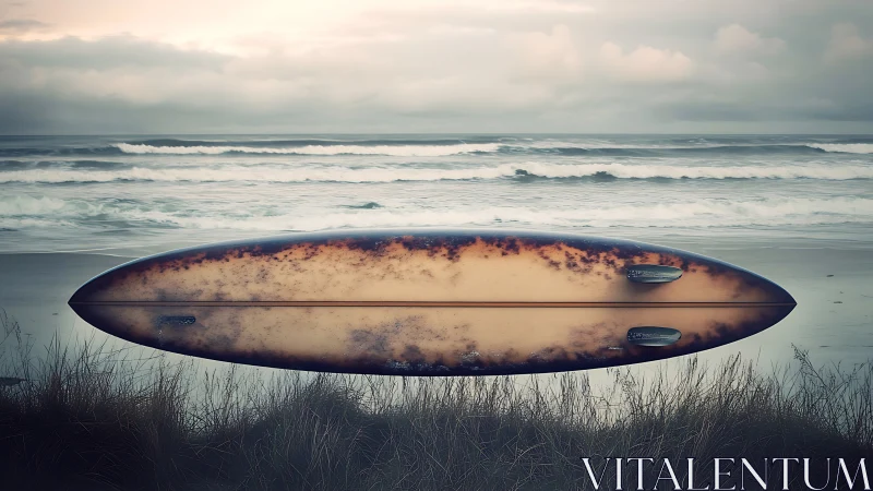 Surfboard hovering over overcast shoreline with waves.