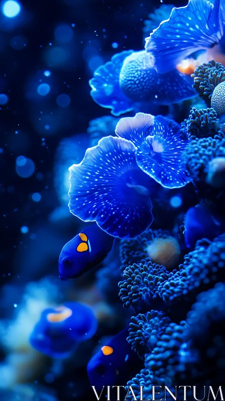 Deep blue coral garden with glowing fish in gentle drift.
