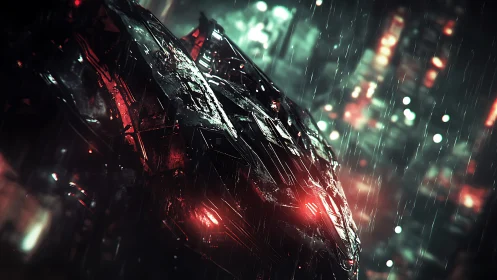 Neon soaked starship cruising through a rainlit future city.