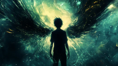 Silhouetted figure confronts luminous cosmic wings burst