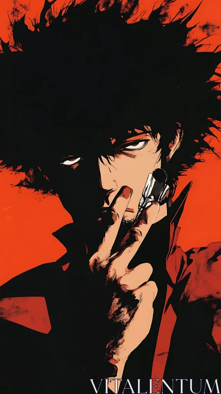 Stoic gunman silhouette cuts through searing red void.