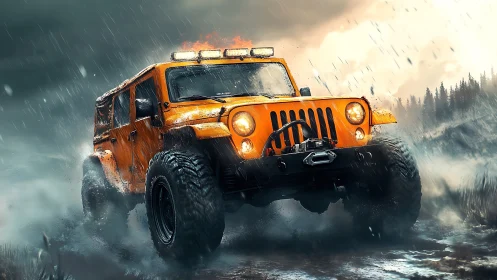Off-road orange 4x4 jeep in dynamic storm terrain render.