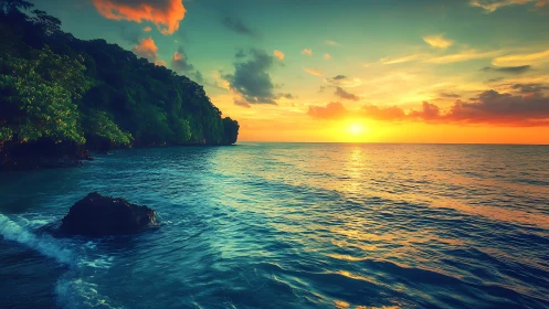 Golden tropical sunset welcoming you to a peaceful shore.