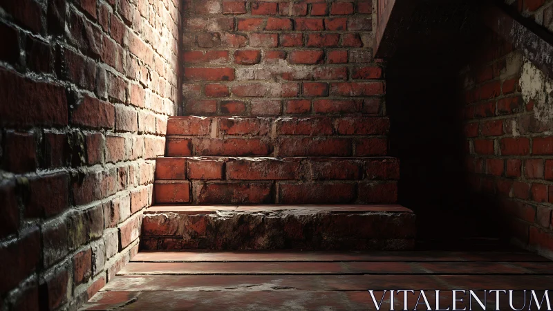 Brick Stairwell Interior: Rustic Architecture with Layered Shadow Composition