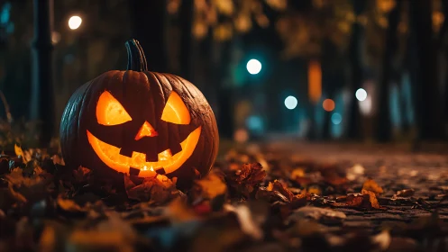 Glowing jack o lantern lights autumn leaves in night park