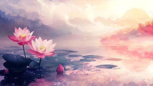 Serene lotus lake glows softly beneath a pastel sunrise