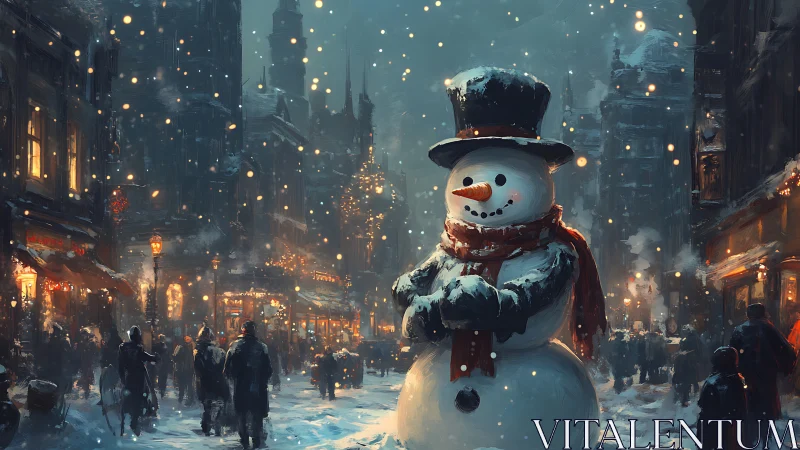 Cheerful top‑hat snowman brightening a bustling winter street.