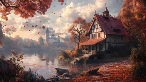 Lakeside autumn cottage rests beneath a distant fairytale castle