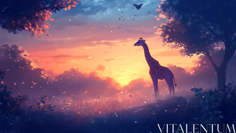 Giraffe quietly measures the sky in a glowing twilight garden