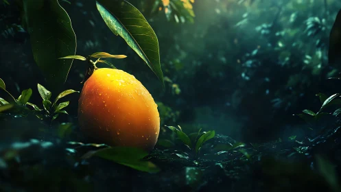 Jungle twilight crowns a single glowing mango with dew