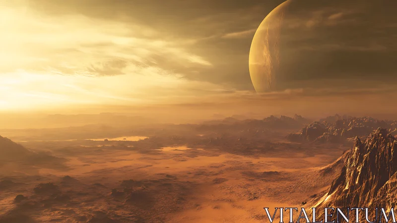 Golden alien desert under looming ringed planet horizon.