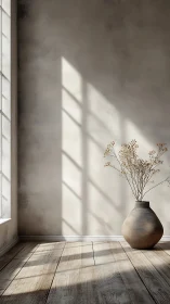 Sunlit ceramic vase casts soft shadows in rustic room.