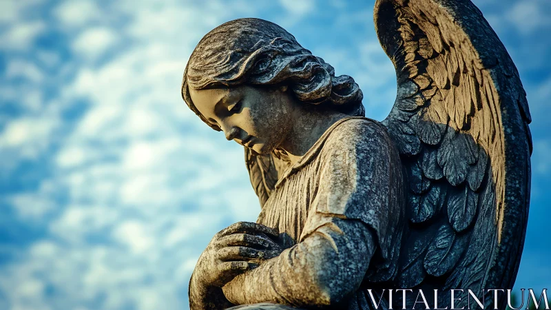 Stone angel sculpture with folded hands under sky.