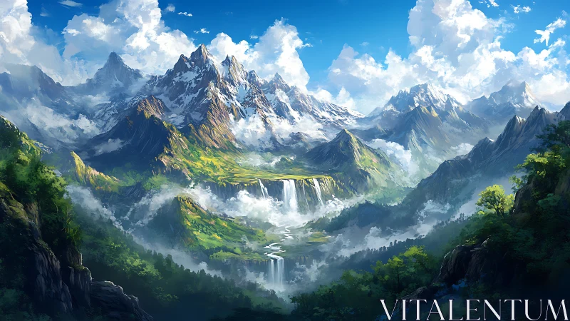 Sunlit fantasy mountains rise above misty cascading valley