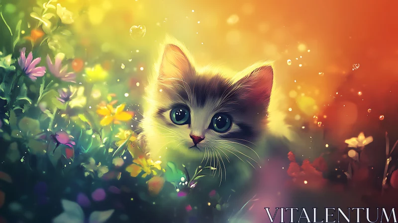 Luminous feline surrounded by vibrant botanical elements in warm ambient glow.