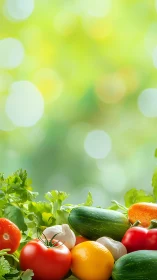 Assorted fresh vegetables with blurred green background.