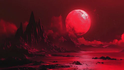 Crimson alien coastline glows beneath looming red moon