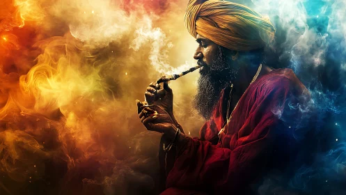 Mystic smoker framed by blazing orange and cyan smoke clouds