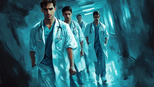 Focused young doctors stride through a glowing hospital