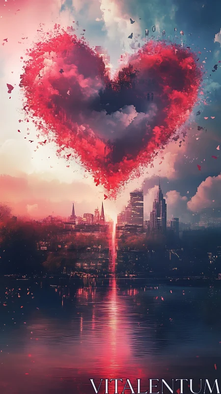 Dispersed Crimson Heart: Urban Skyline Transformed Through Chromatic Particulate Dissolution.